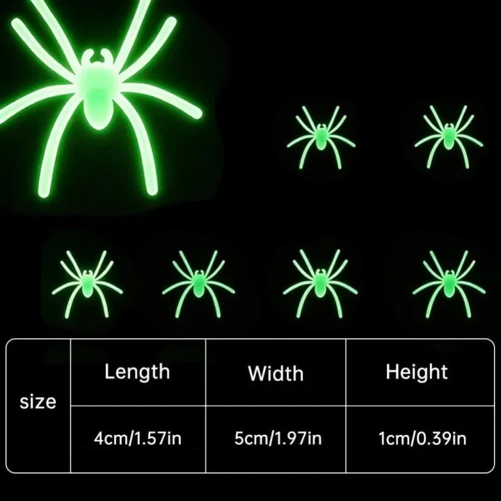 Glow-in-the-dark spider web Halloween decor featuring fake spiders with specified dimensions.