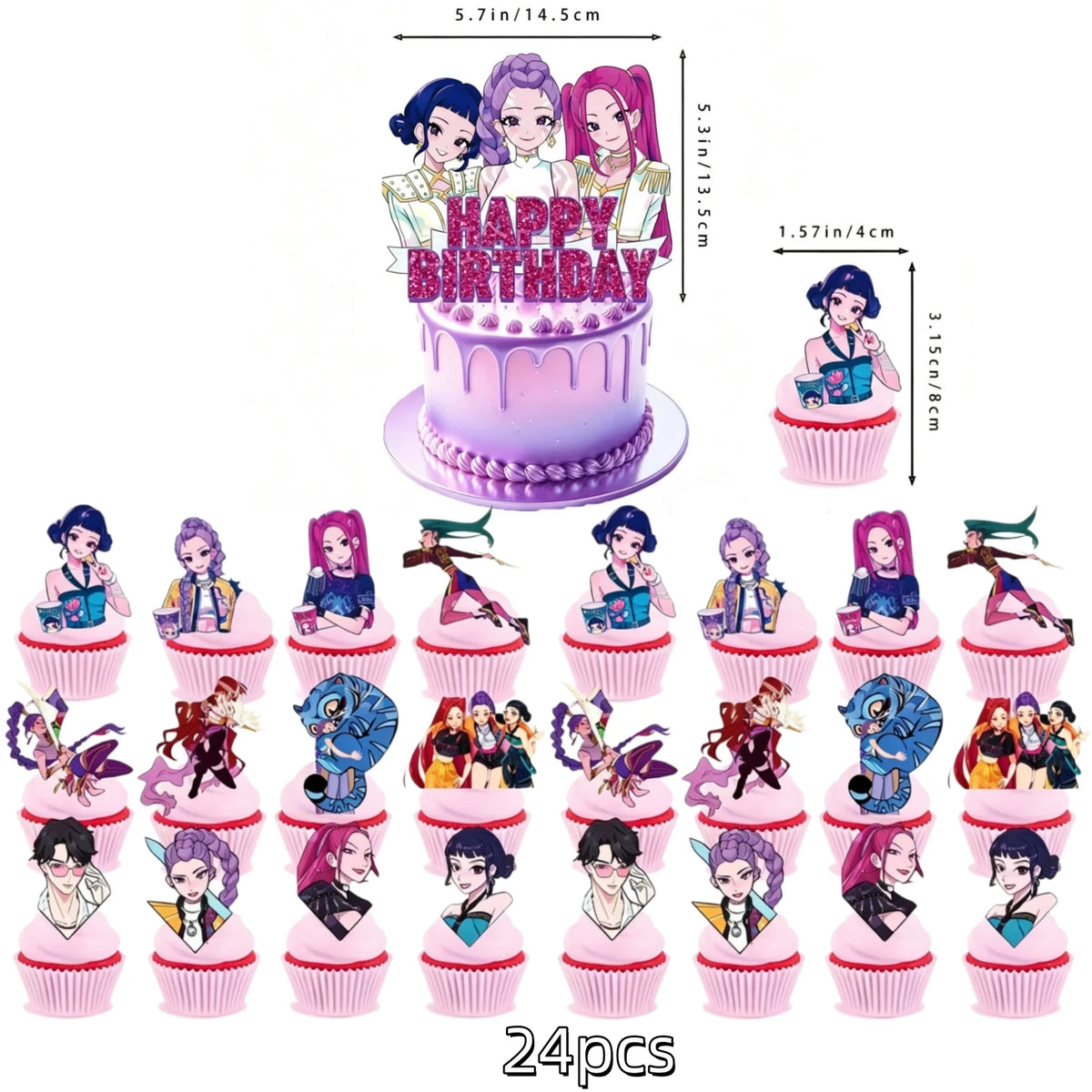 A set of 24 anime hunter girl cake toppers featuring various characters in colorful outfits and hairstyles.