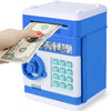 A blue and white combination lock piggy bank is shown with a hand inserting paper currency into the slot.