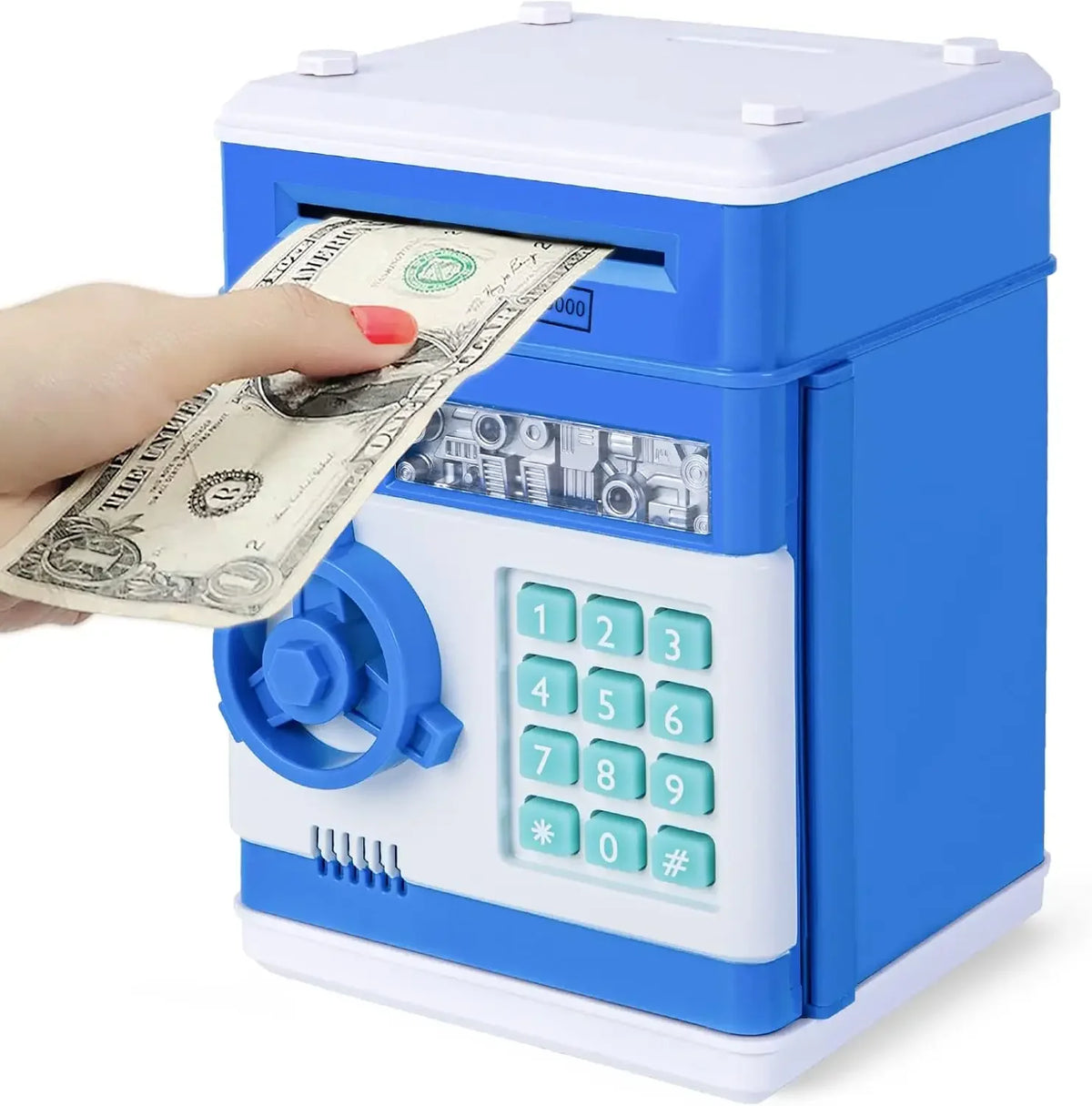 A blue and white combination lock piggy bank is shown with a hand inserting paper currency into the slot.