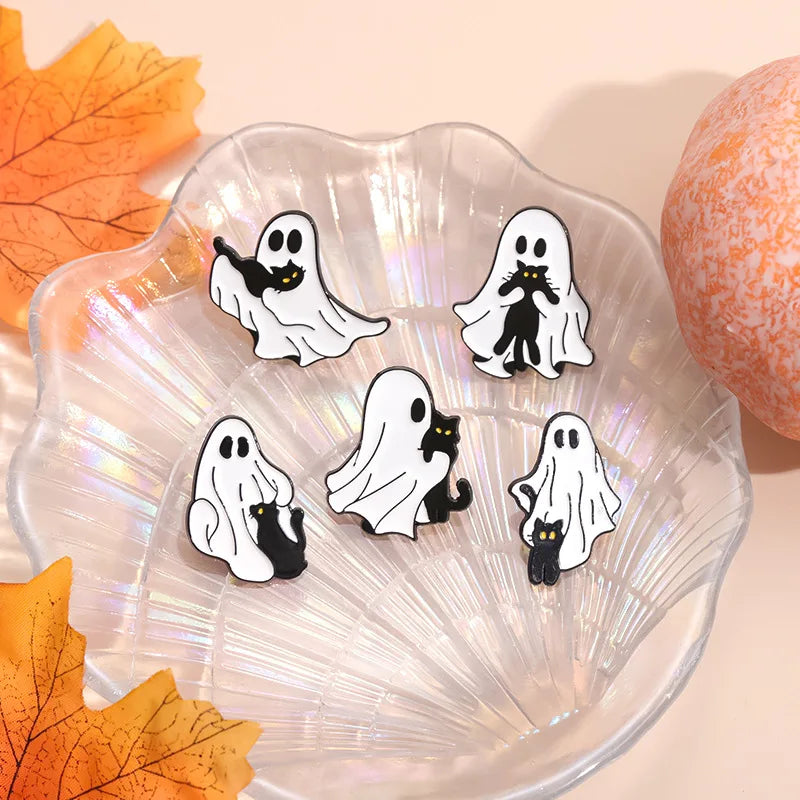 Halloween Enamel Pins Set - Cute Ghost, Black Cat, and Pumpkin Brooches for Kids