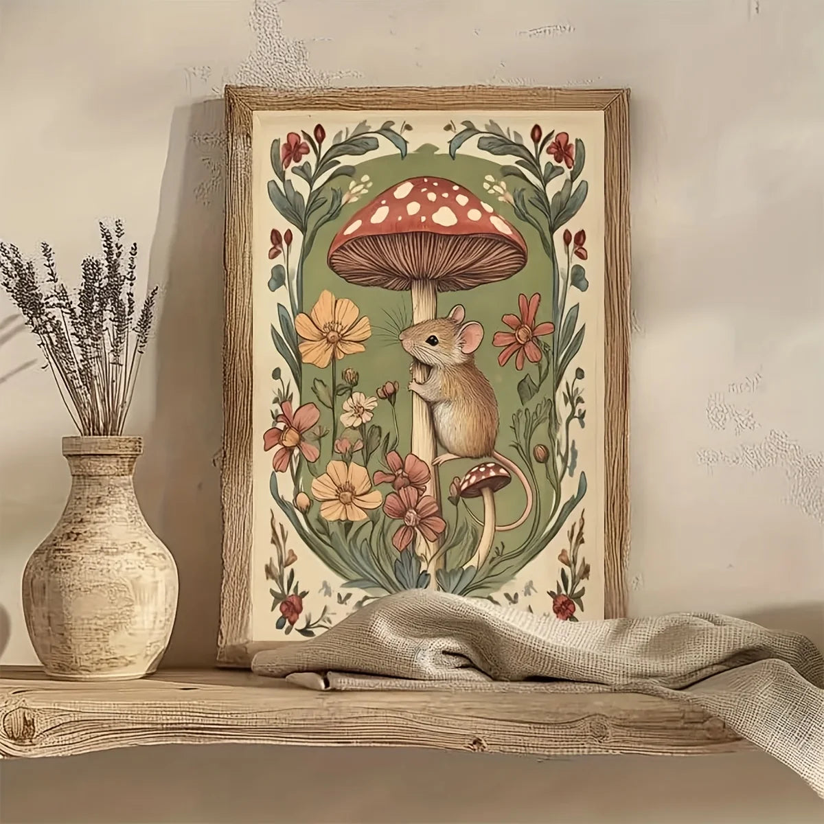 Vintage woodland mice mushroom canvas print framed in wood