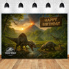 A painting featuring dinosaurs in a jungle landscape with a wooden birthday sign.