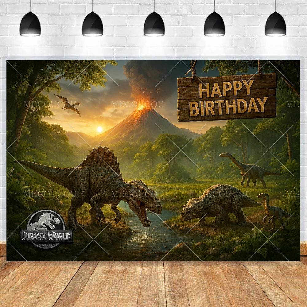 A painting featuring dinosaurs in a jungle landscape with a wooden birthday sign.