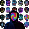 A person wearing a black hoodie is positioned in front of a grid of various glowing LED masks, including a central swirling m