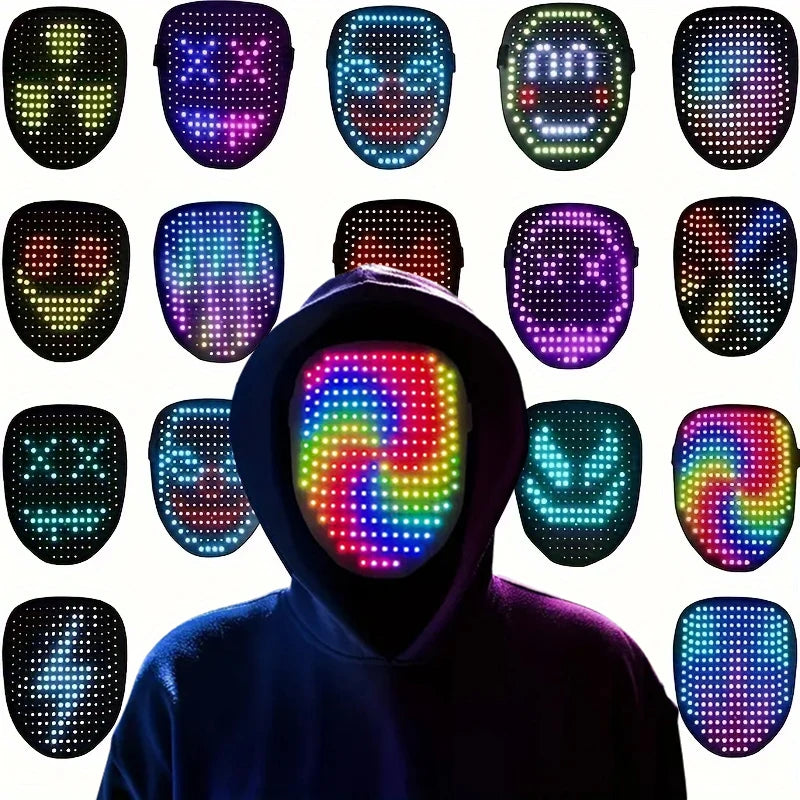 A person wearing a black hoodie is positioned in front of a grid of various glowing LED masks, including a central swirling m