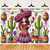 A vibrant Mexican fiesta photo backdrop featuring a woman in a sombrero surrounded by colorful flowers, guitar, and cactus de