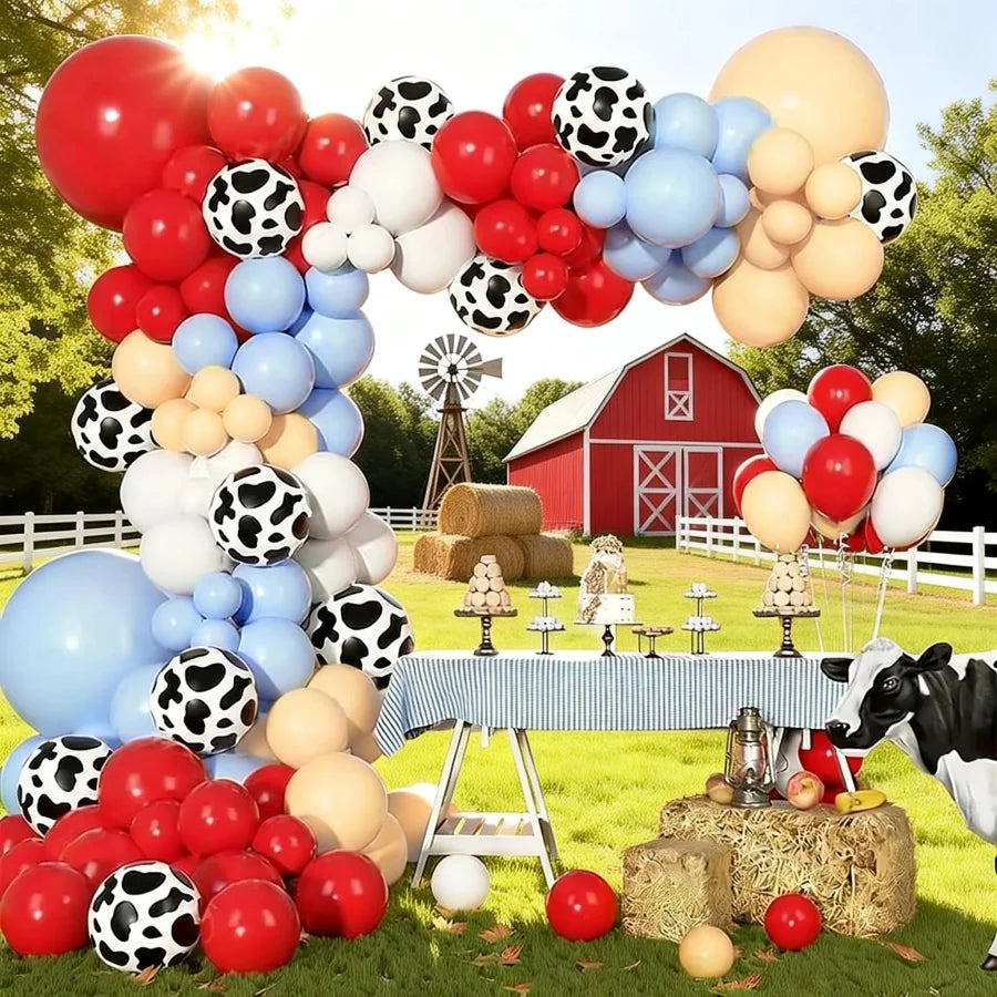 A vibrant balloon garland featuring red, white, and blue balloons arranged in a festive display.
