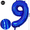 A large, iridescent blue foil number balloon shaped like the numeral 9.