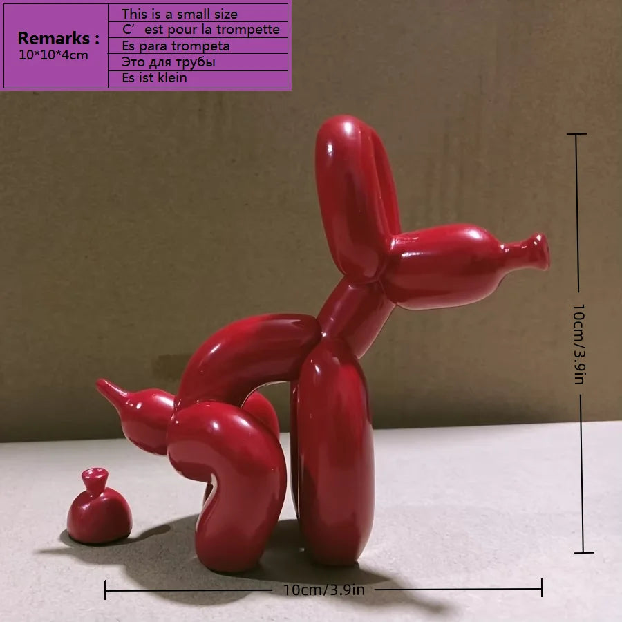 A bright red, sculpted balloon dog figure is shown against a neutral background.