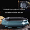 A glazed ceramic bonsai flower pot in a teal color shown with its inner and outer dimensions.
