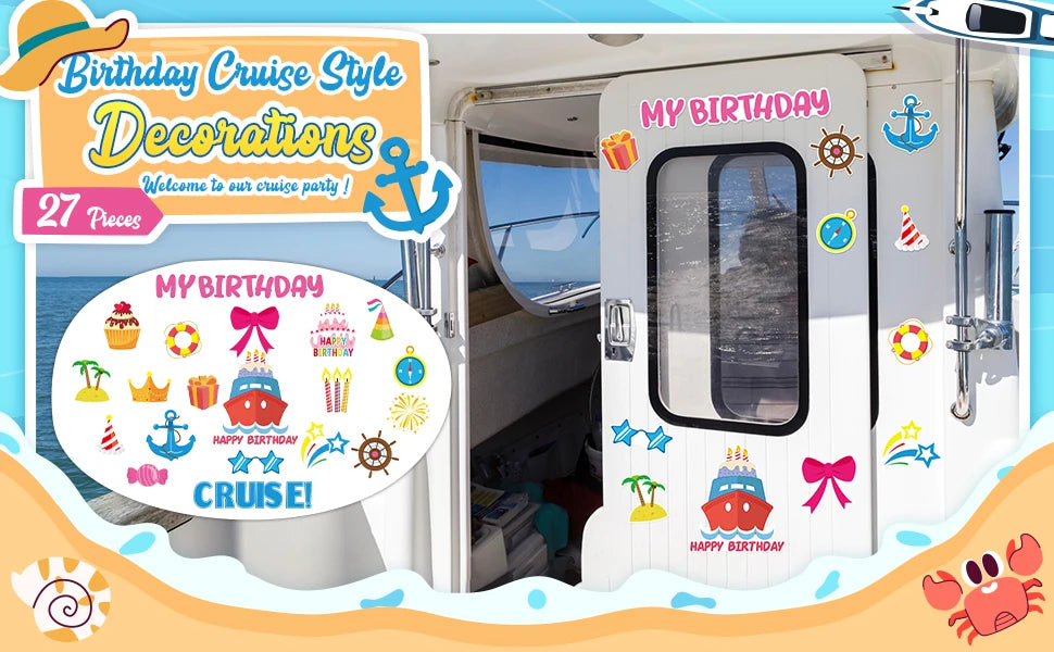 A set of birthday cruise style decorations featuring door magnets and themed elements for a party.