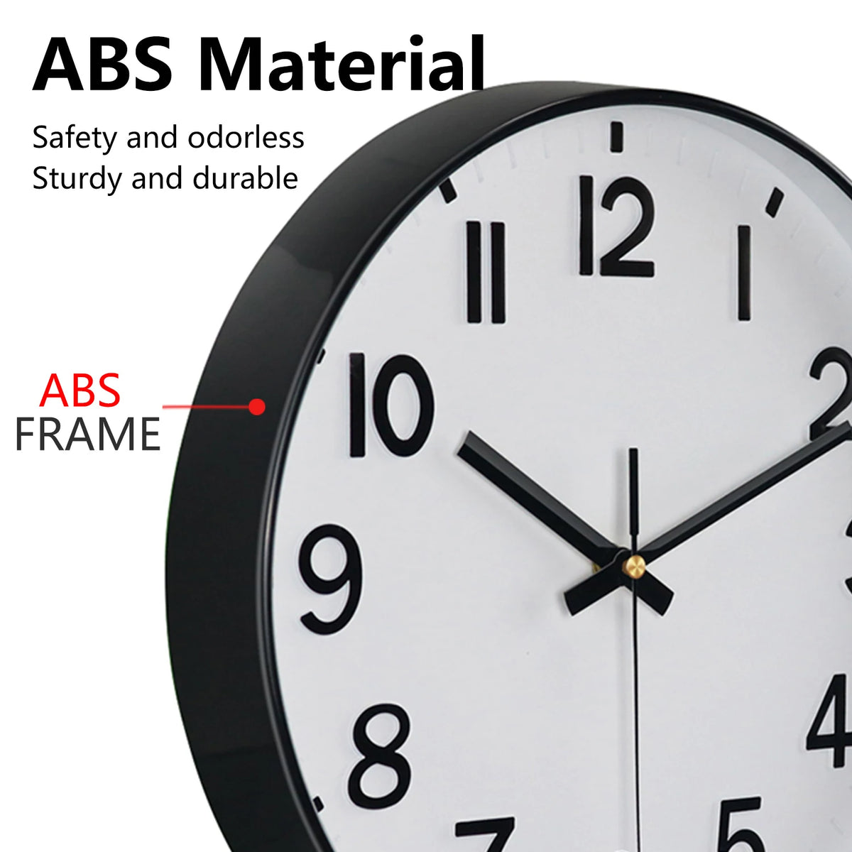A close-up view of a black and white analog clock with an ABS frame and hands.