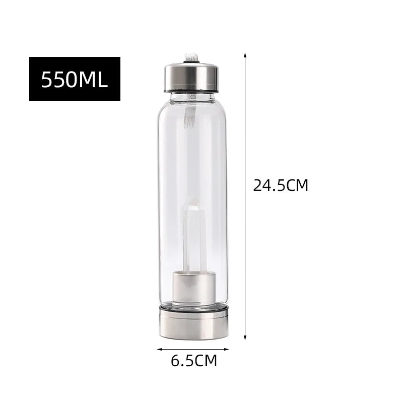 Botella de agua de vidrio transparente con tapa plateada y cámara interior clara, de 550ml.