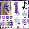 A set of purple and silver balloons, including a column, star-shaped balloons, and a purple ring.