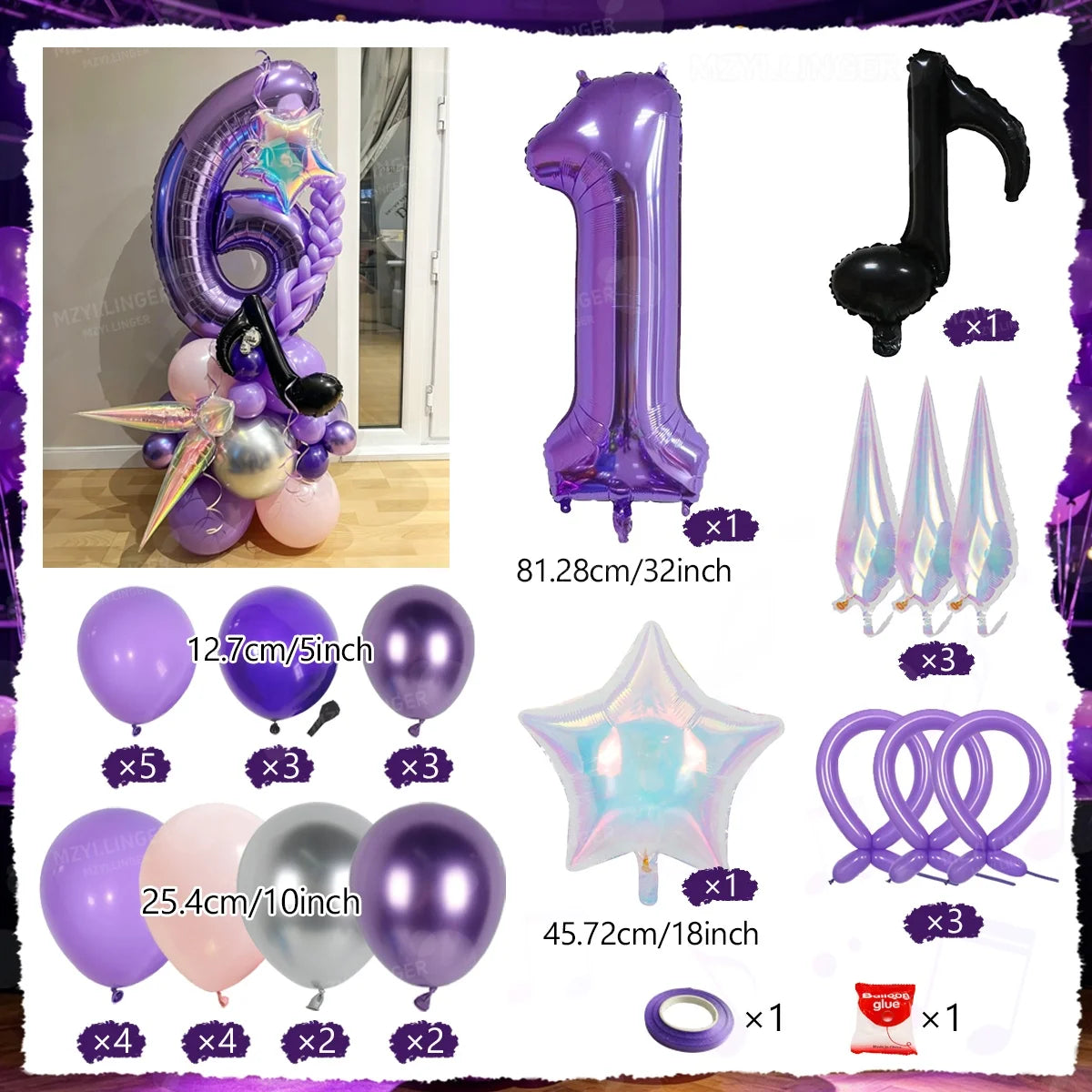 A set of purple and silver balloons, including a column, star-shaped balloons, and a purple ring.