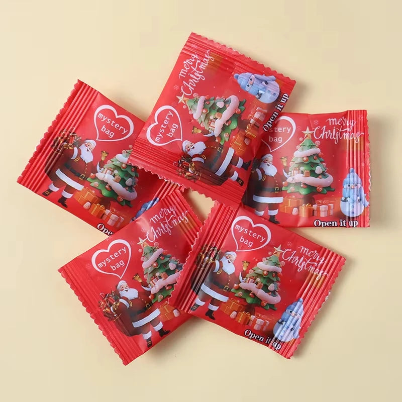 A collection of red festive mystery bags featuring Christmas-themed animal figurines and holiday designs.