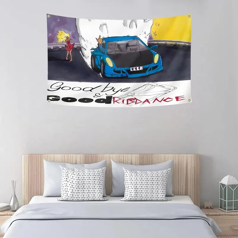 A tapestry wall art featuring a stylized illustration of a blue car and text that reads Good bye & Good Riddance