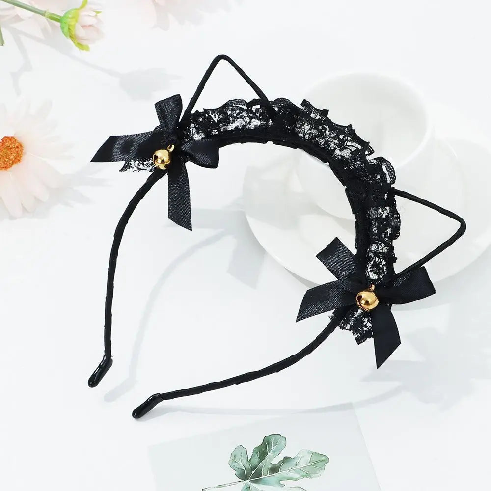 Lace Cat Ear Headband with Elegant Bow Details