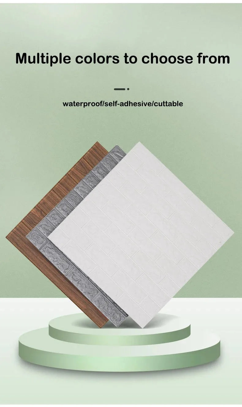 A stack of white and gray foam brick wallpaper panels displayed on a round green pedestal.