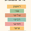A vertical stack of colored rectangular blocks with Hebrew words on them, featuring shades of yellow, green, and pink.