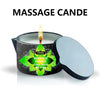 A massage candle in an anti-scalding tin with a lit wick and citrus design.