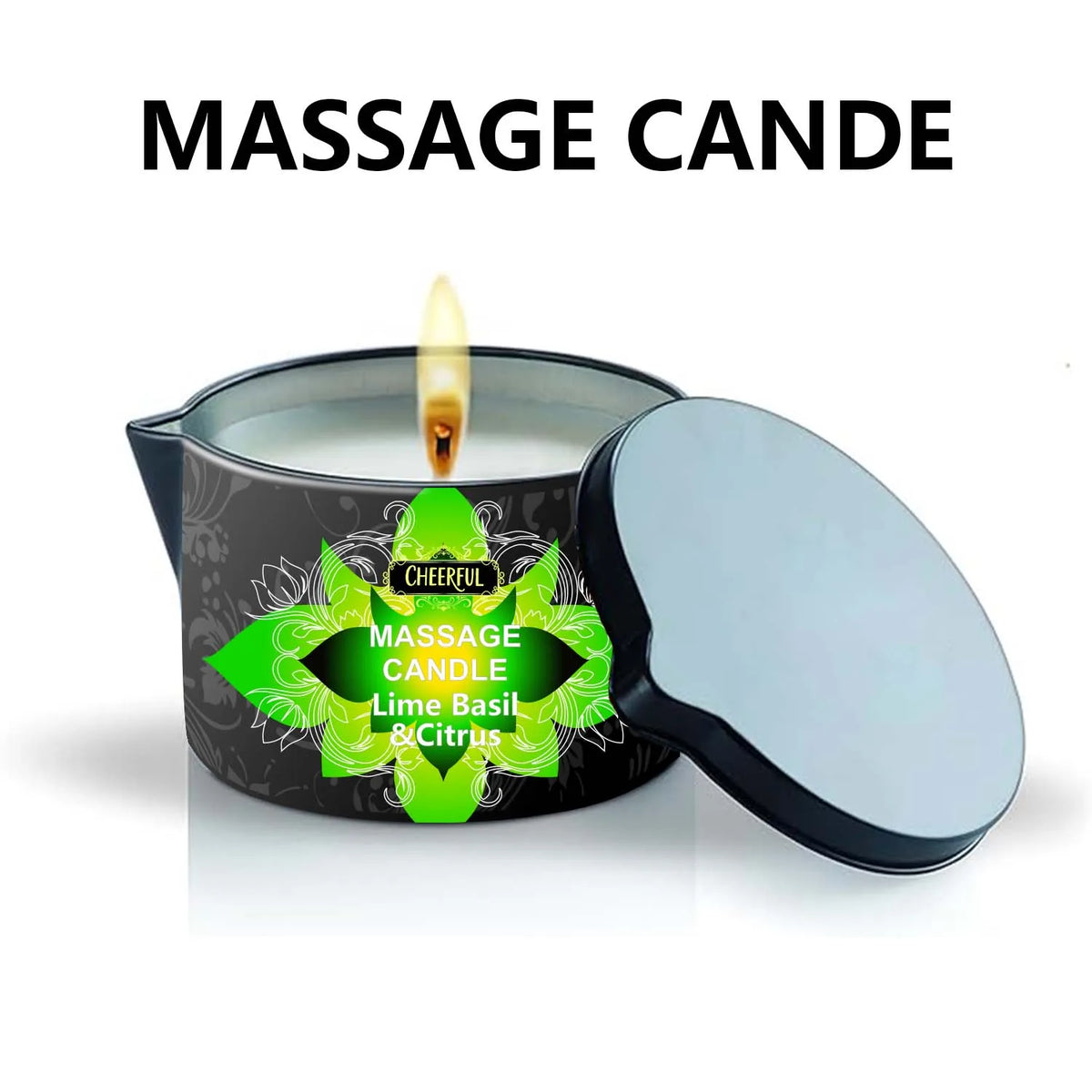 A massage candle in an anti-scalding tin with a lit wick and citrus design.