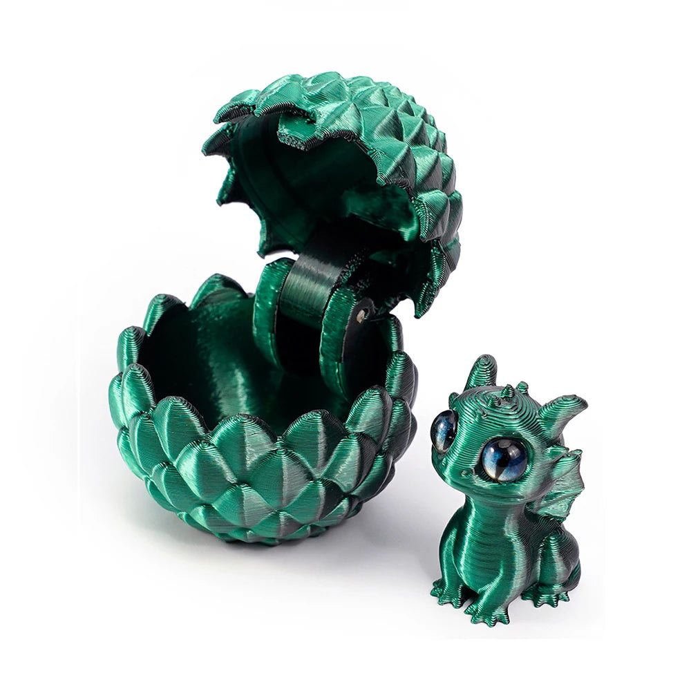 A dark green, textured dragon egg container is open, revealing a small, green dragon toy inside.