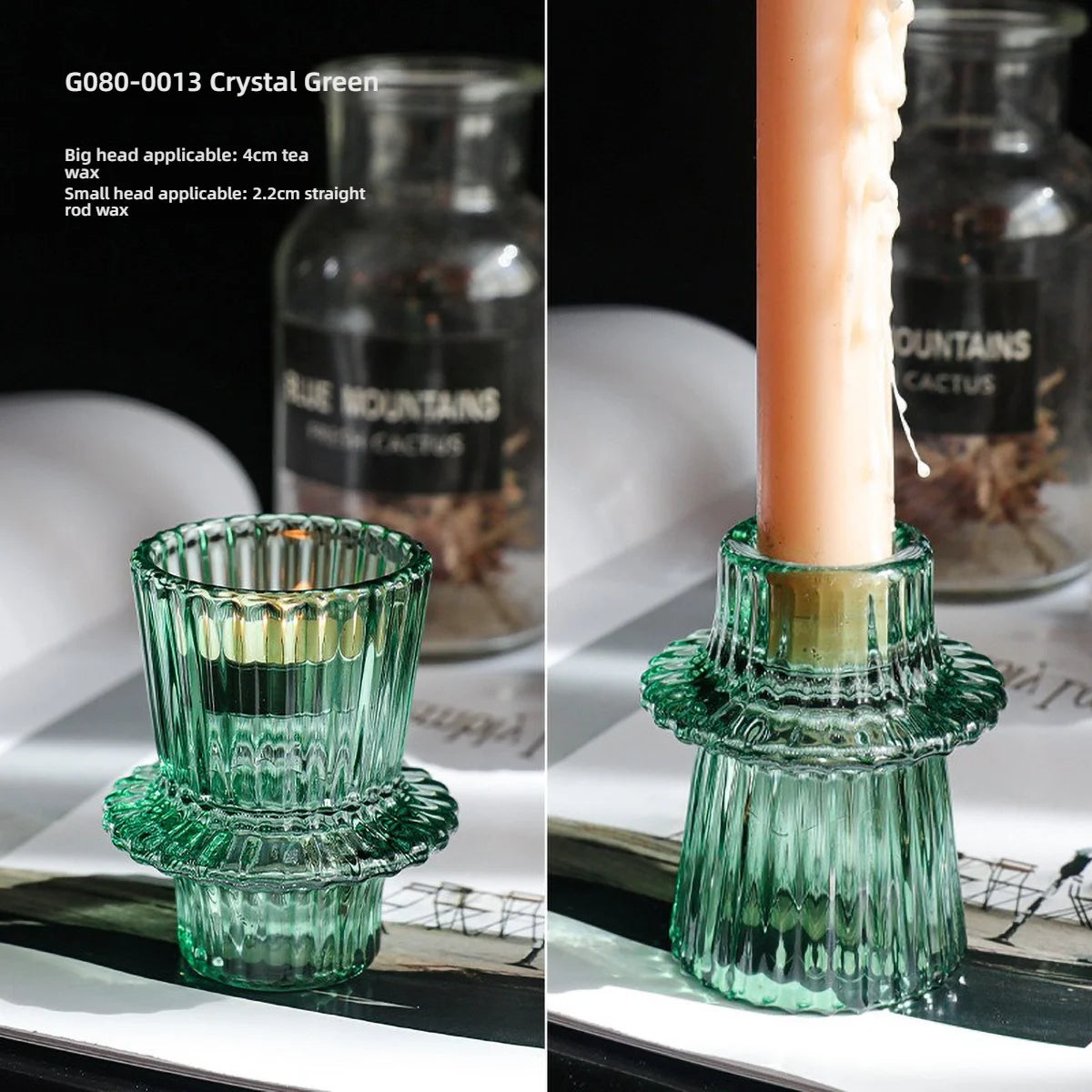 Porta velas de cristal verde con textura y vela pillar.