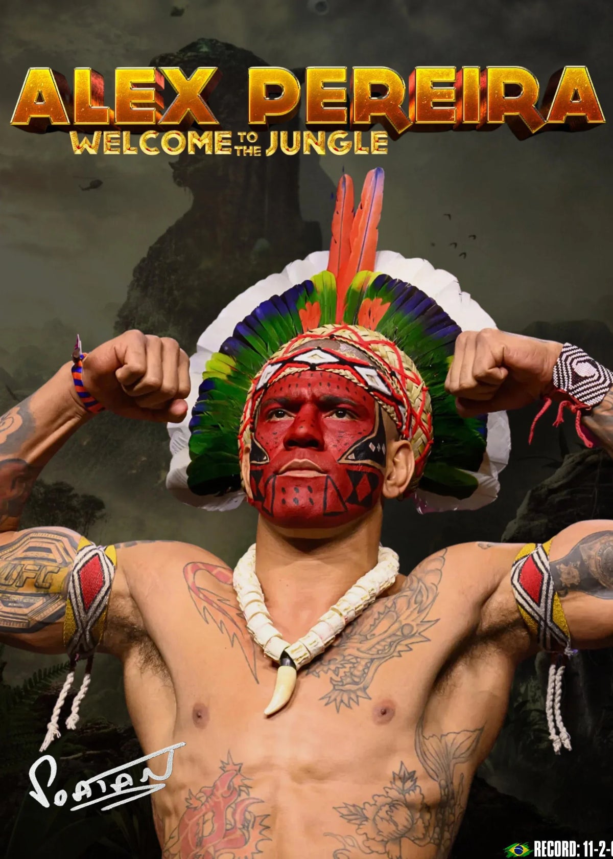 A portrait of Alex Pereira with a vibrant feathered headdress and tattoos, set against a dark background.