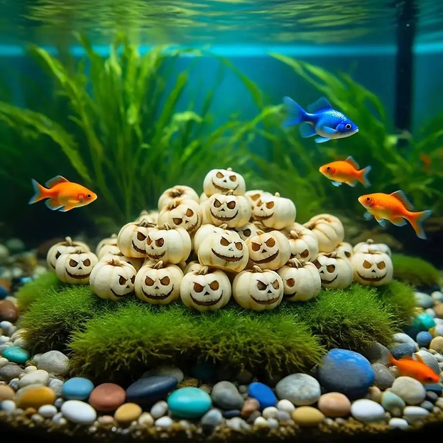 Collection de petites citrouilles en résine sculptées, de différentes couleurs et designs, posées sur de la mousse et des cai