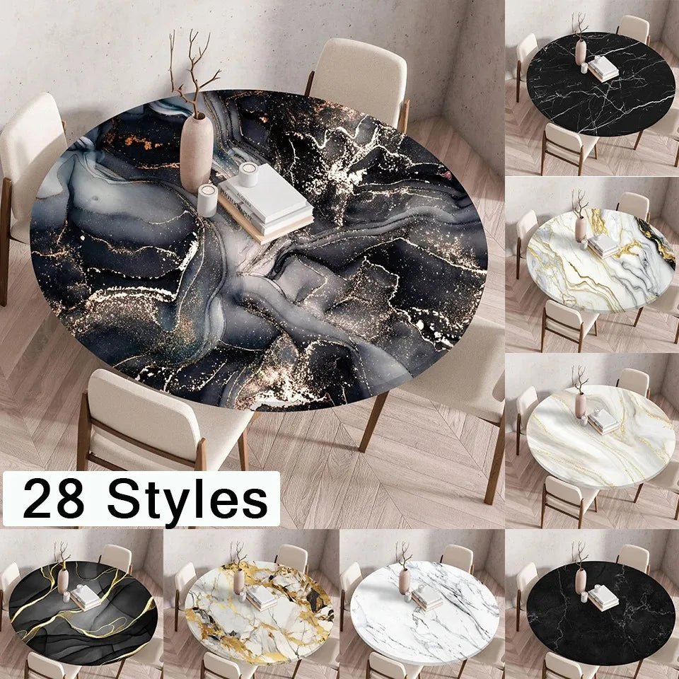 A collection of 28 marble print waterproof round tablecloth designs featuring black, white, and gold patterns.
