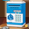 A blue and white password saving piggy bank with a dial and keypad is shown on a wooden surface.