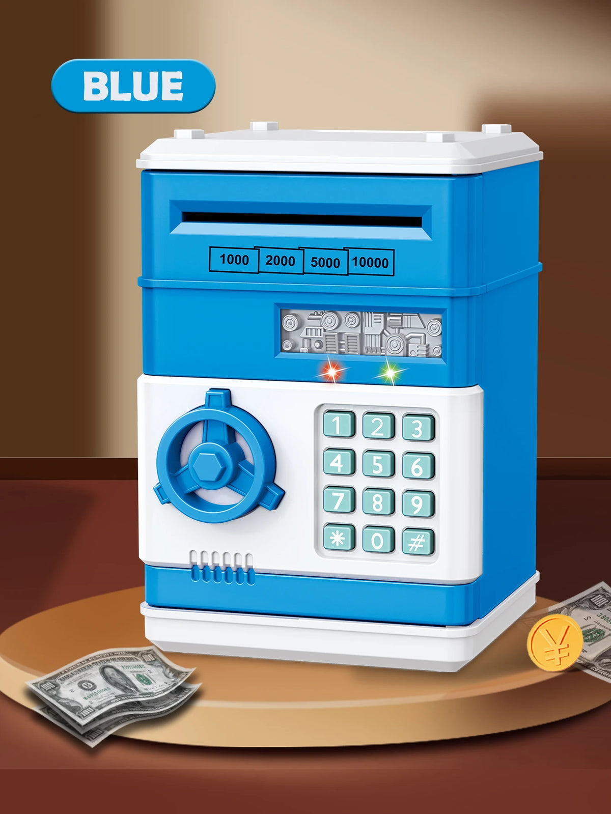 A blue and white password saving piggy bank with a dial and keypad is shown on a wooden surface.
