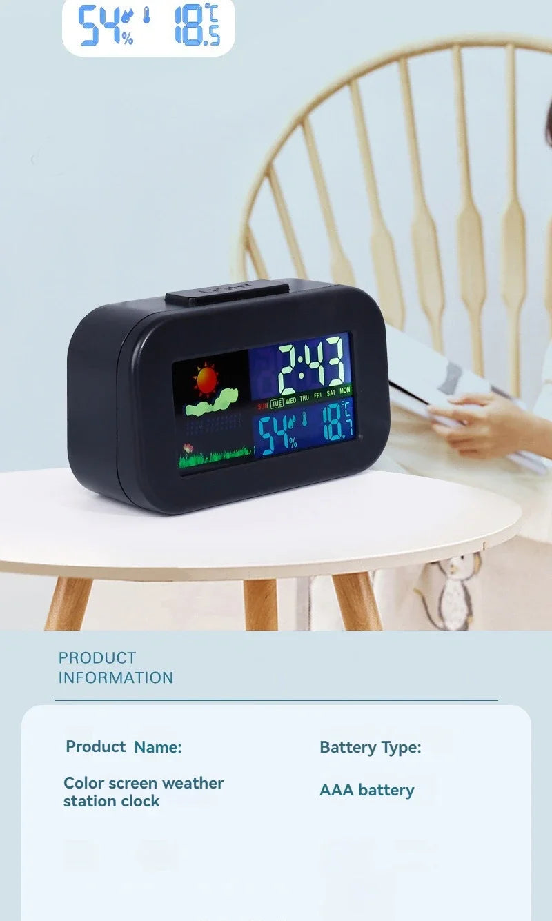 Compact Weather Station Clock with Color Display and Temperature & Humidity Monitor