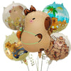 A set of five foil balloons shaped like cartoon capybaras in various colors and styles.