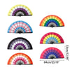A collection of colorful folding hand fans in various striped and solid colors.