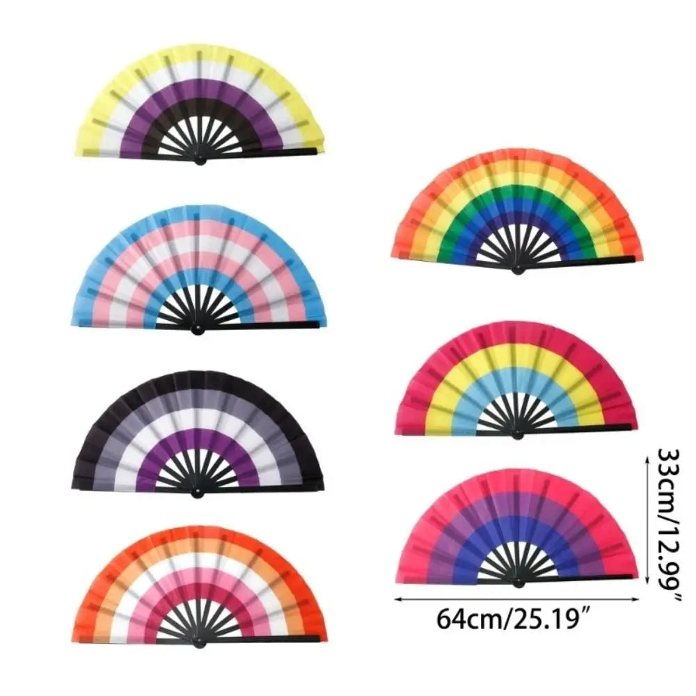 A collection of colorful folding hand fans in various striped and solid colors.