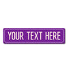 A purple rectangular sign with white text that reads Your Text Here.