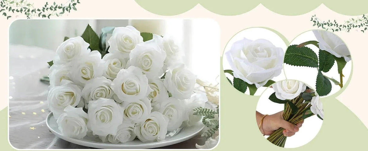 A close-up of a bouquet of white velvet artificial roses with green leaves and bendable stems.