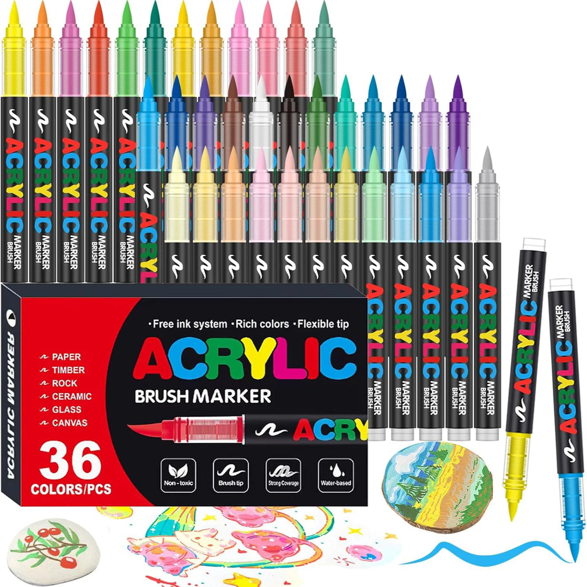 A set of 36 acrylic brush markers in various colors and tips for art and craft projects