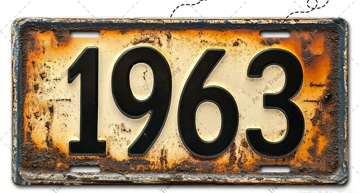 Señal de pared de aluminio vintage con el año 1963 grabado en una superficie oxidada y desgastada.
