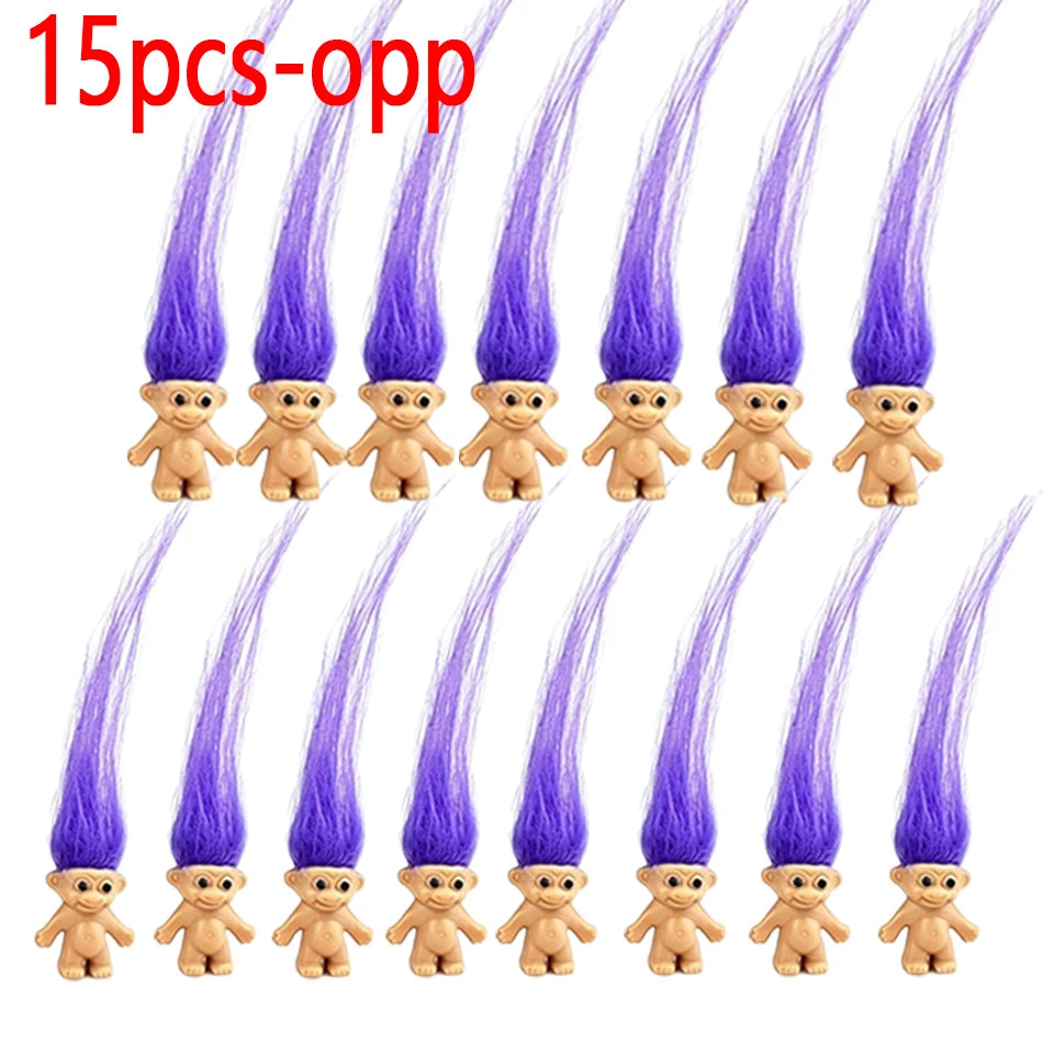 A set of 15 purple mini retro troll doll collectible figures arranged in a row.