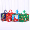 A set of festive Christmas tote bags featuring holiday designs in blue, red, and green.