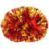 A vibrant sphere of red and gold shredded foil pom poms with a comfortable handle.