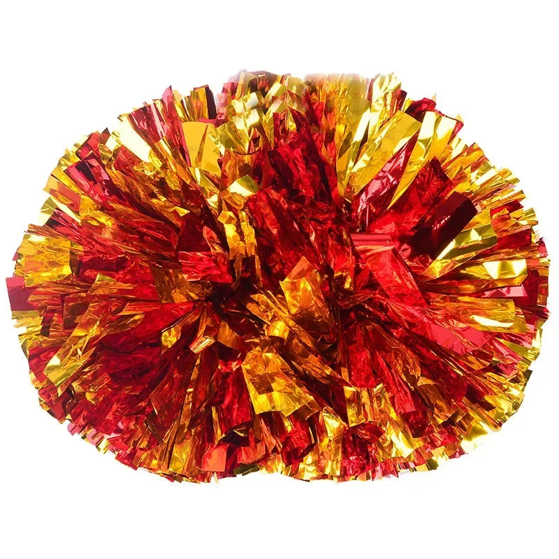 A vibrant sphere of red and gold shredded foil pom poms with a comfortable handle.