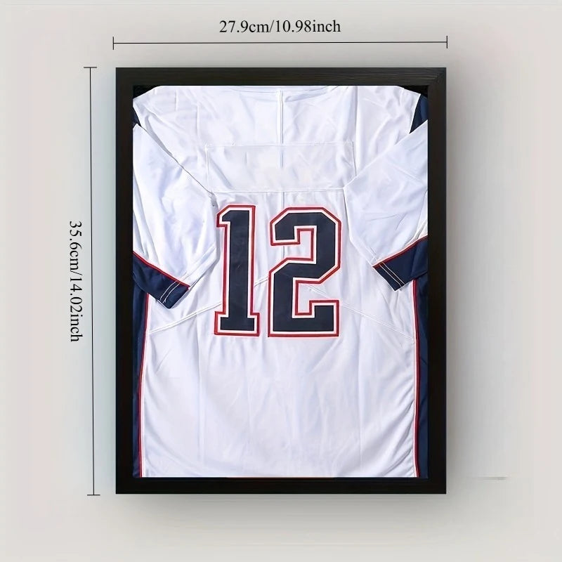 A framed white sports jersey with the number 12 and navy blue trim, displayed against a light background.