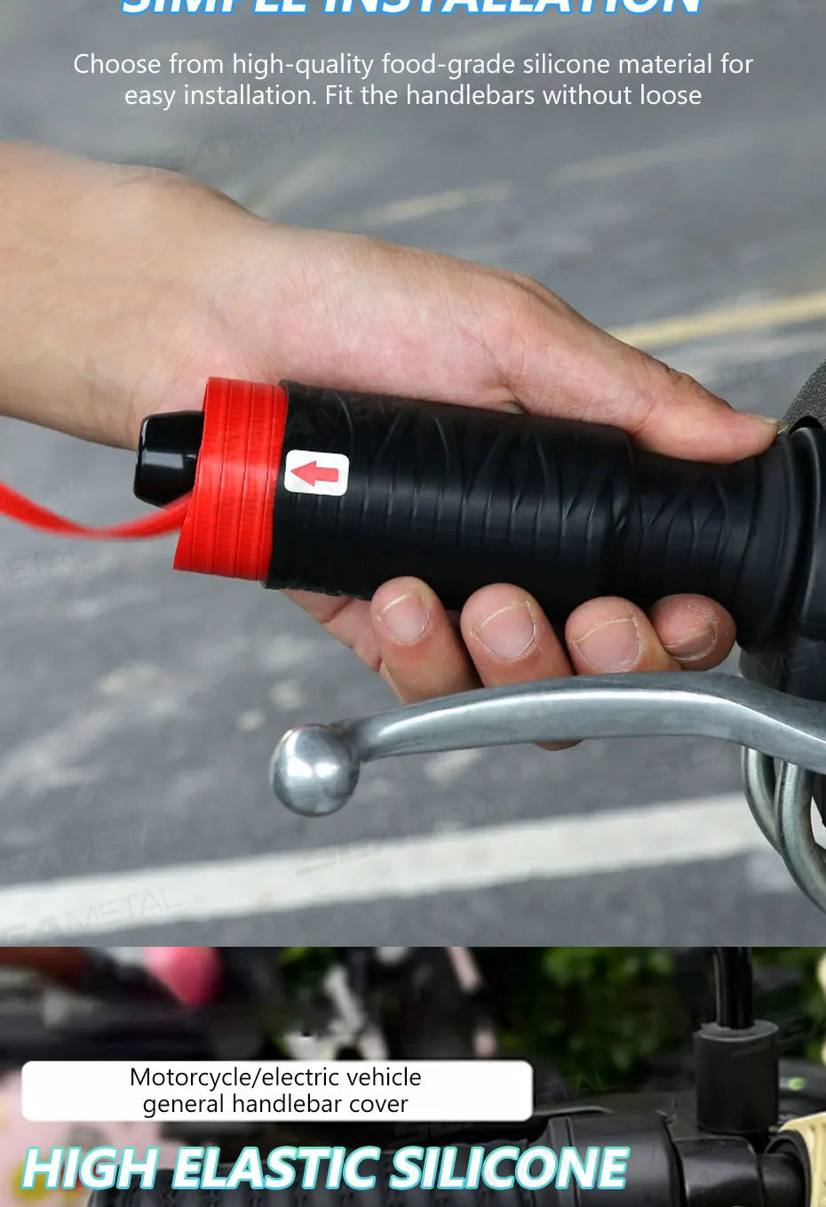A hand is fitting a black silicone handlebar grip cover onto a motorcycle handlebar.