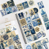 A collection of retro nautical foil decorative stickers featuring ships, anchors, and lighthouses on a spiral notebook.