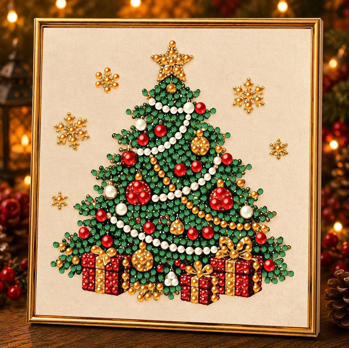 A framed diamond painting depicting a festive Christmas tree adorned with red and green gems and gold accents.